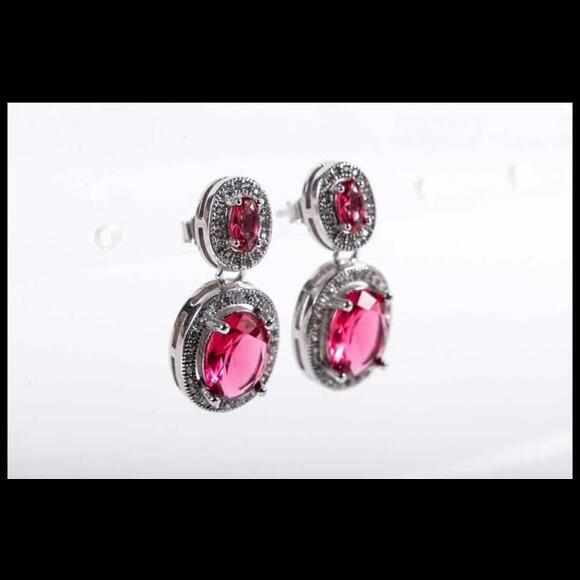 925 Sterling Silver Simulated Pink Spinel CZ Drop Earrings - Picture 4 of 7